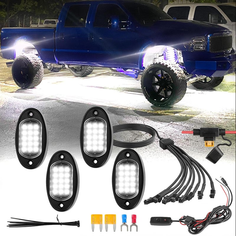 ZONECONA 4Pods Pure White LED Rock Lights Kit with Switch Wiring Harness Extension Wire, 6000K 15LEDs Neon Underglow Light 12V Fender Lights for Trucks Jeep Golf Carts ATV UTV SUV SXS Off Road - Image 1